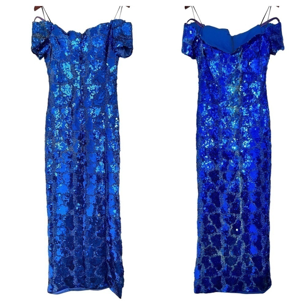 Vintage Y2K Fashion 1001 Nights Cobalt Blue Sequin Off Shoulder Maxi Prom Gown 6